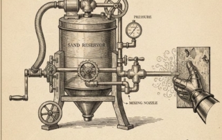 Antigua máquina de chorreado con arena de sílice patentada por Benjamin Tilghman en 1870.